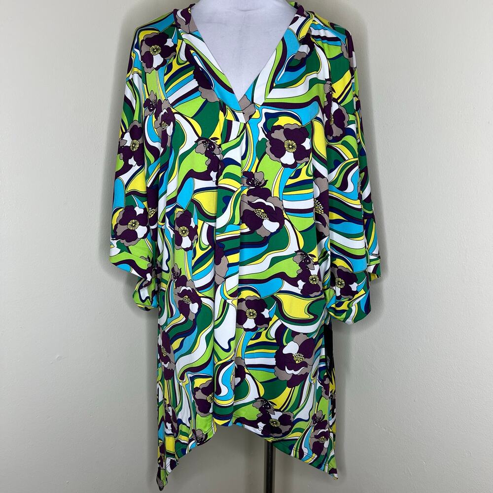 Coldesina Tunic Top XL Artsy Abstract Kimono Sleeve Wearable Art V-Neck Relaxed